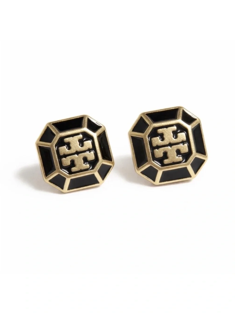 Tory Burch Audrina Black Enamel Logo Stud Earrings Gold Tone NWOT
